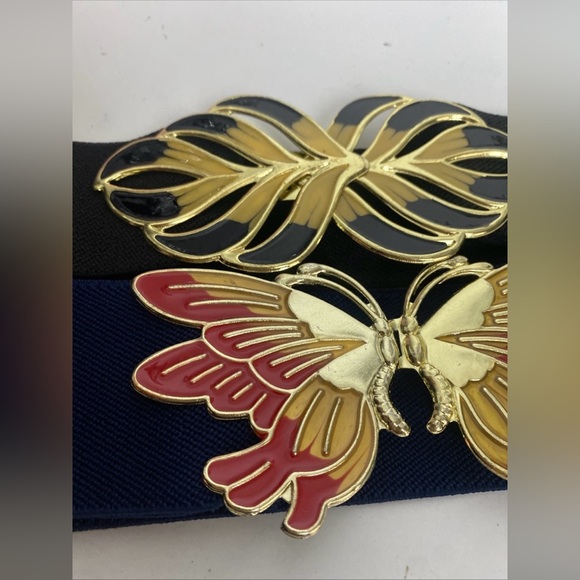 Two Vintage Elastic Belts with Gold Tone Enamel Buckle up to 30\